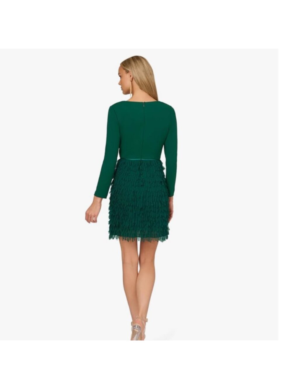 Adrianna Papell Dress 12 Green Long Sleeve Crepe & Chiffon Fringe Retro Cocktail - Picture 3 of 6